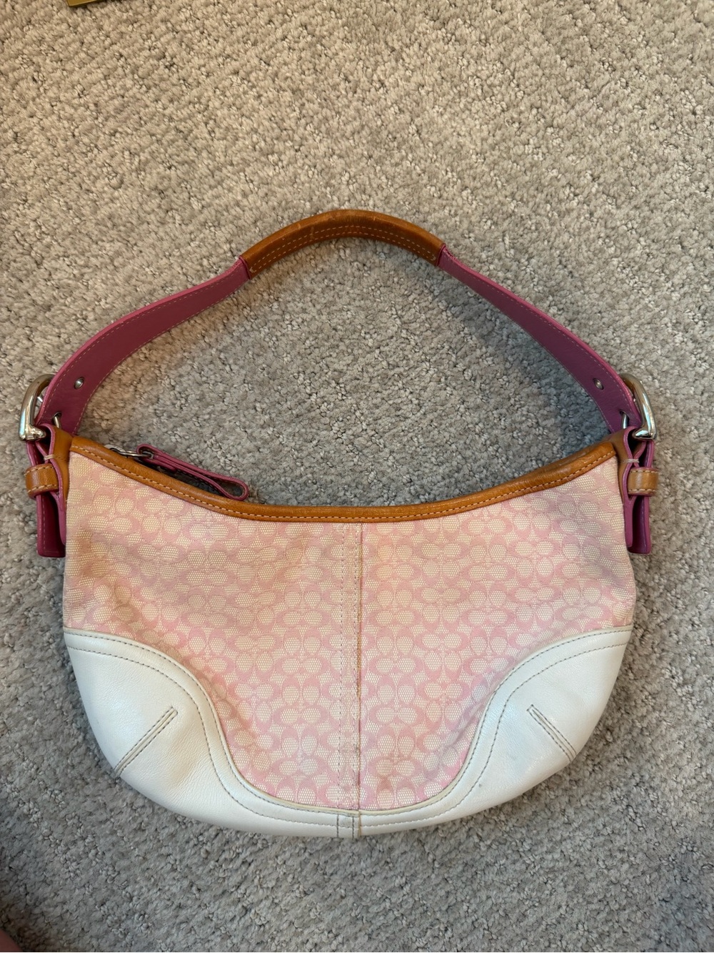 Coach Pink Signature Canvas Shoulder Bag with White Trim and Tan Accents